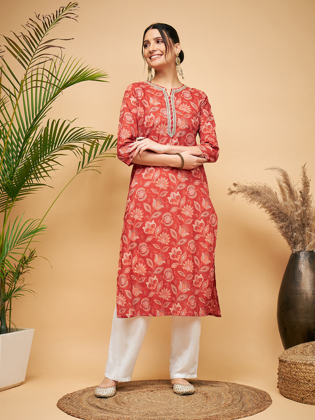 InWeave Women's Rust Paisley Print Gota Straight Kurta | Grocsy