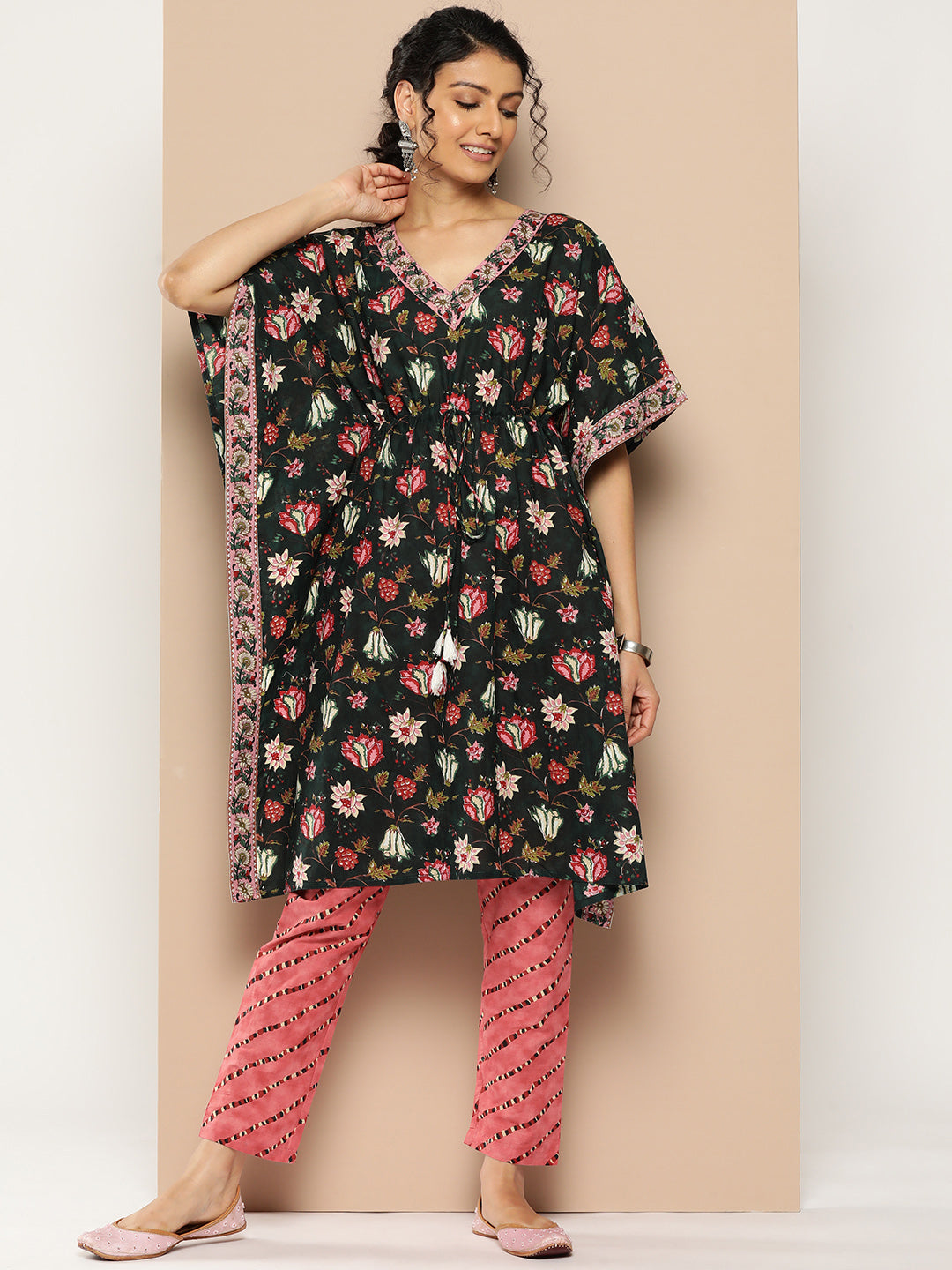 KSUT (House of Varanga) Green And Peach Floral Print Kaftan Trouser Set. | Grocsy