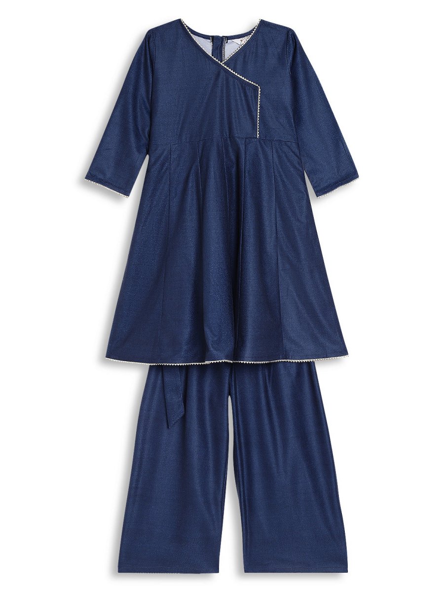 Ahalyaa Girls Navy Blue Velvet Angrakha Gotta Patti Kids Kurta with Palazzos | Grocsy