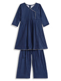 Ahalyaa Girls Navy Blue Velvet Angrakha Gotta Patti Kids Kurta with Palazzos | Grocsy