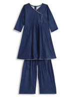 Ahalyaa Girls Navy Blue Velvet Angrakha Gotta Patti Kids Kurta with Palazzos | Grocsy