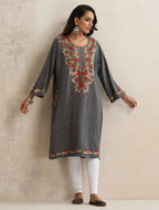 trueBrowns Grey Kashmiri Embroidered Woollen Phiran Kurta | Grocsy