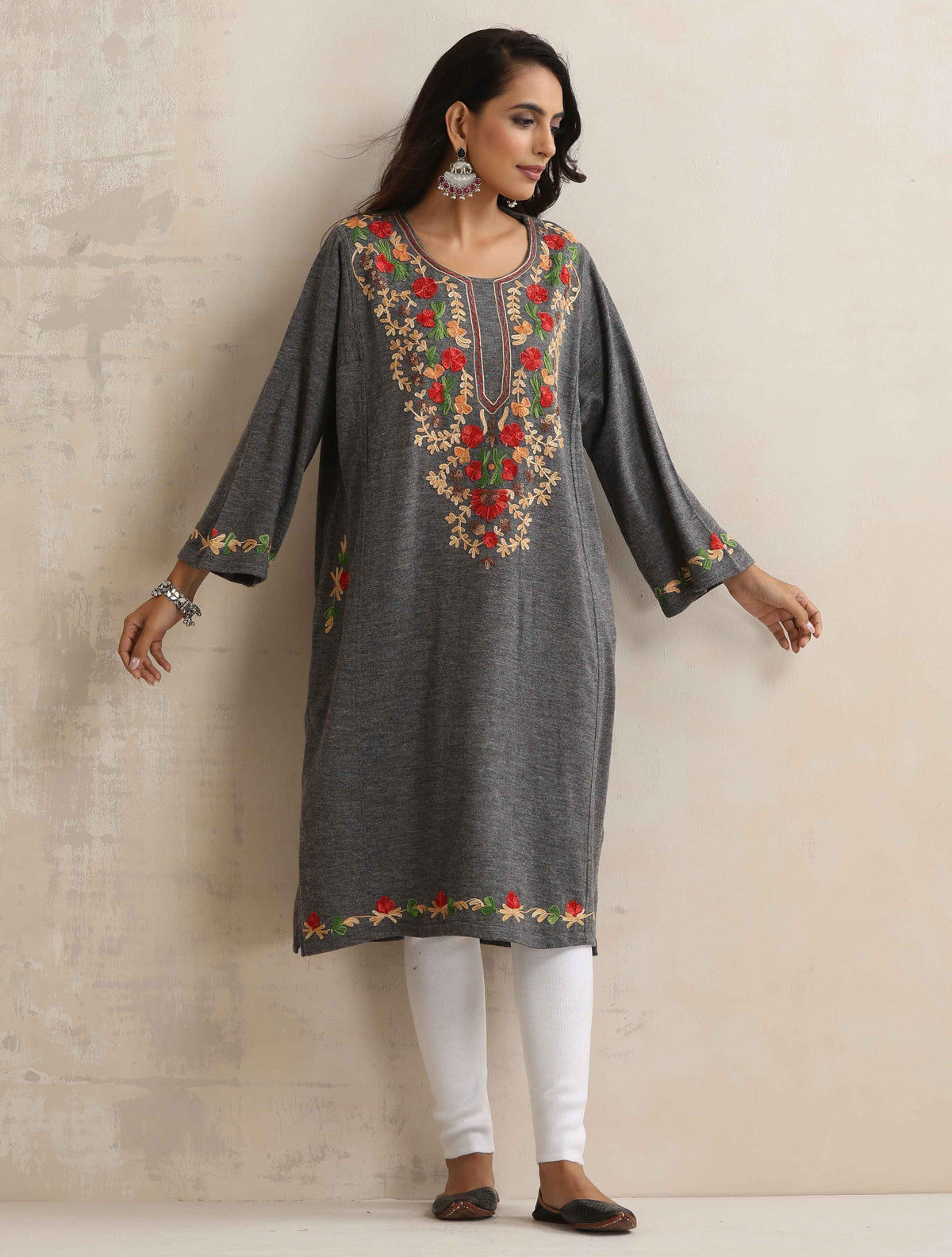 trueBrowns Grey Kashmiri Embroidered Woollen Phiran Kurta | Grocsy