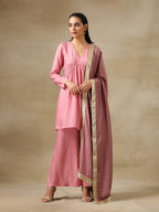 trueBrowns Light Mauve Bandhani Printed Silk Flared Kurta Pant Dupatta Set | Grocsy