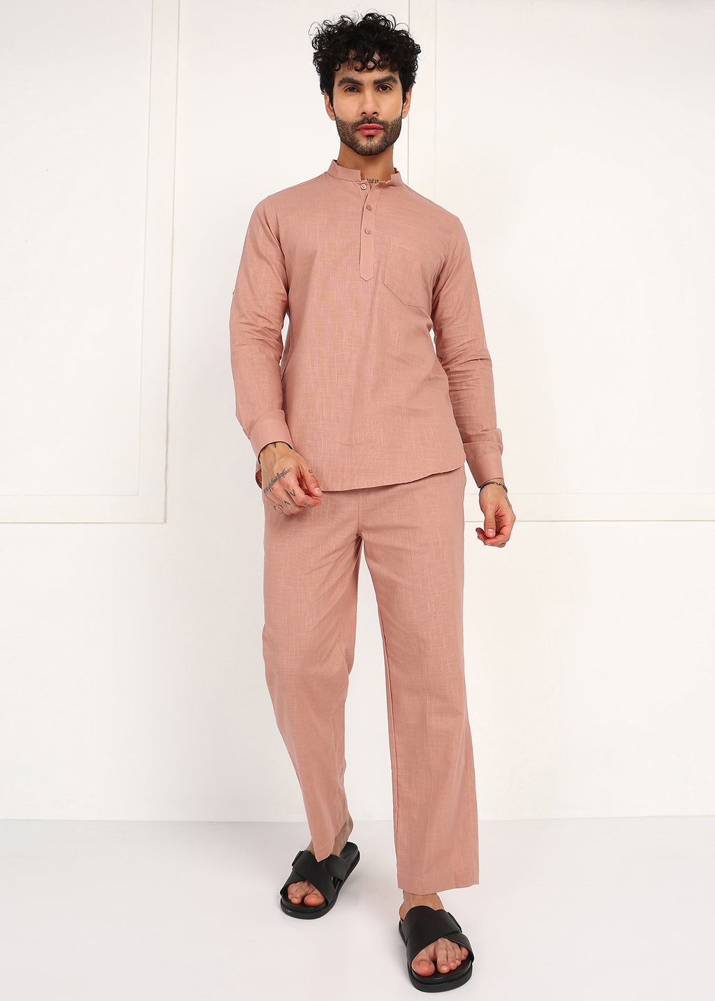 Fabmade Men’S Peach Linen Short Kurta Set | Grocsy