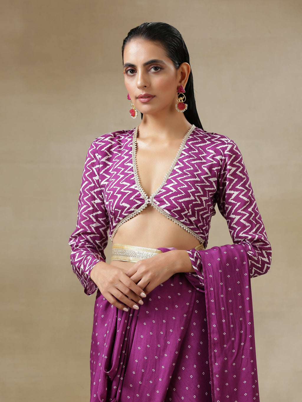 trueBrowns Purple Bandhani Printed Silk Full Sleeve Blouse | Grocsy