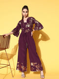 Ahalyaa Burgundy & Gold-Toned Bell Sleeves Printed Ethnic Jumpsuit With Waist Tie-Ups | Grocsy