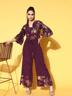 Ahalyaa Burgundy & Gold-Toned Bell Sleeves Printed Ethnic Jumpsuit With Waist Tie-Ups | Grocsy