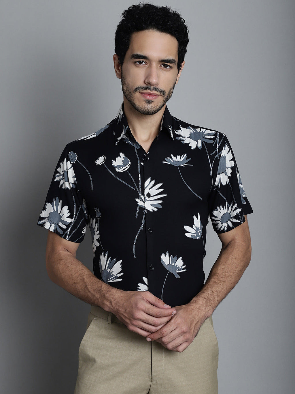 Jainish Men's Floral Printed Formal Shirts - Black | Grocsy