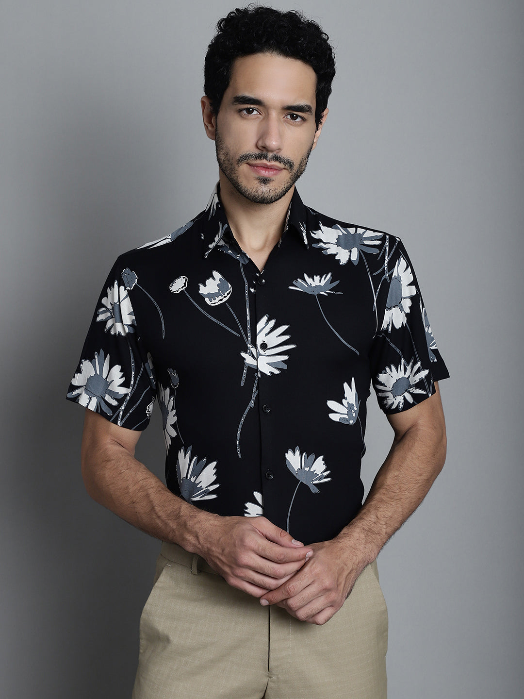 Jainish Men's Floral Printed Formal Shirts - Black | Grocsy