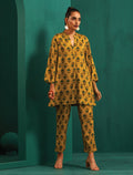 trueBrowns Mustard Flower Stem Muslin Silk Printed Relaxed Co-ord Set | Grocsy
