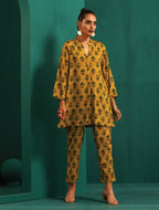 trueBrowns Mustard Flower Stem Muslin Silk Printed Relaxed Co-ord Set | Grocsy
