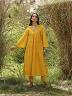 trueBrowns Mustard Cotton Embroidered Flared Kurta Set | Grocsy