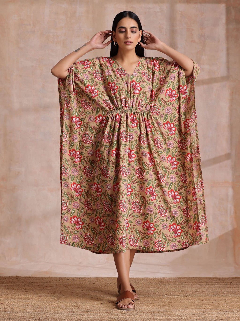 trueBrowns Beige Overall Big Floral Block Print Cotton Kaftan Dress | Grocsy