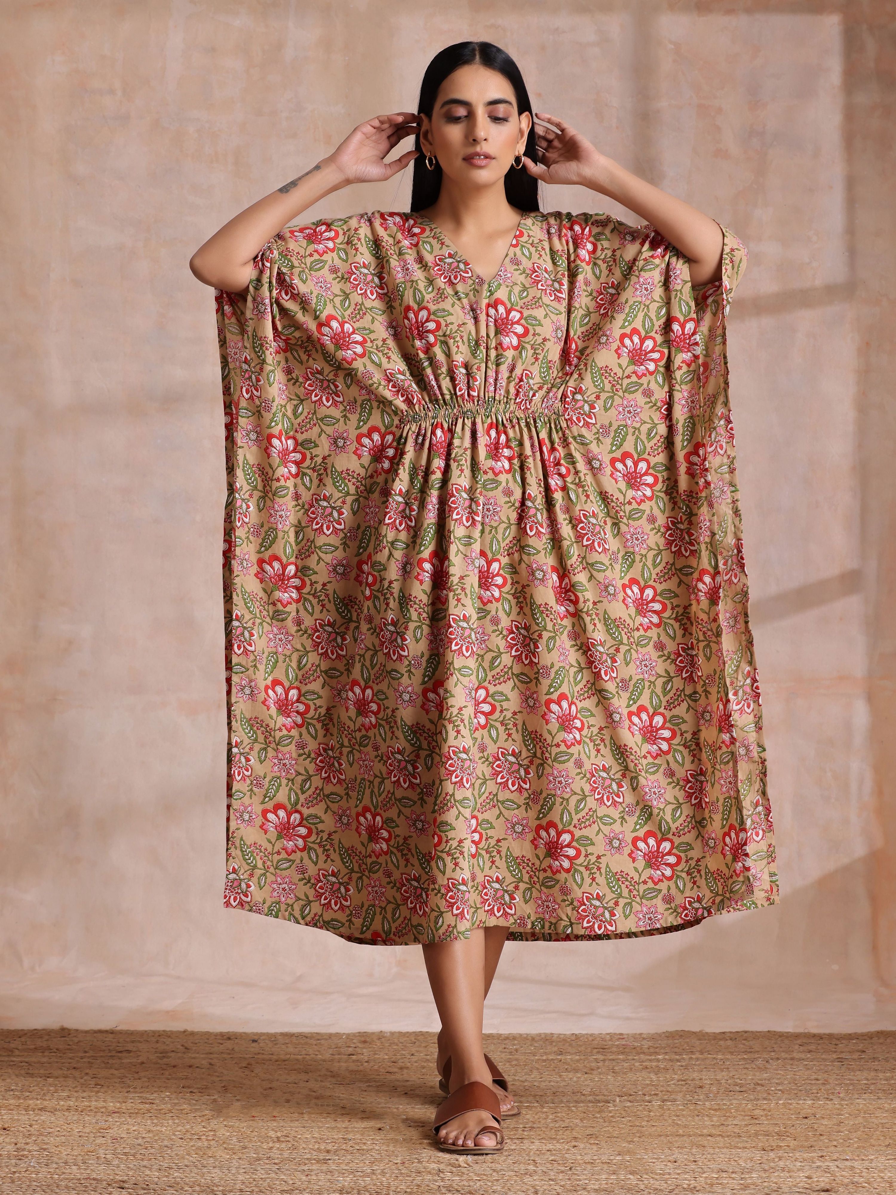 trueBrowns Beige Overall Big Floral Block Print Cotton Kaftan Dress | Grocsy