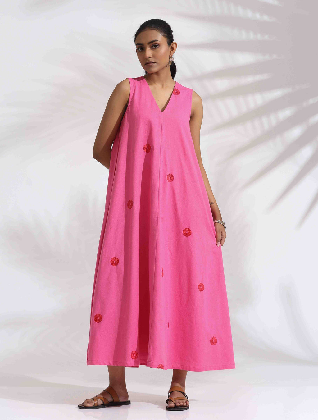 trueBrowns Pink Cotton Embroidered Flared Dress | Grocsy