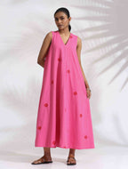 trueBrowns Pink Cotton Embroidered Flared Dress | Grocsy