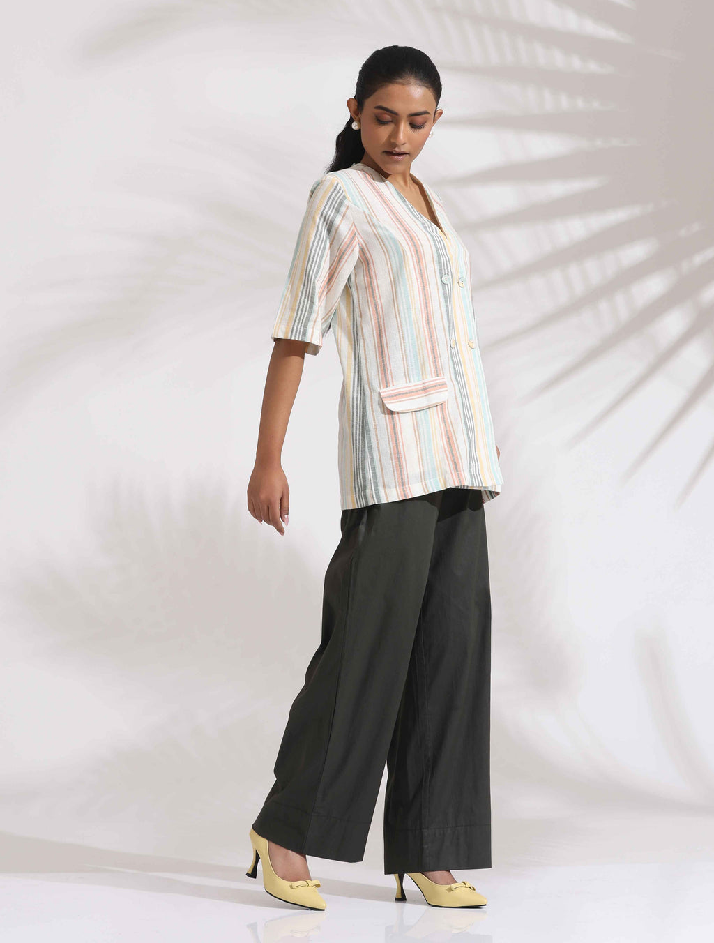 trueBrowns Off-White Cotton Stripe Jacket Top Co-ord Set | Grocsy