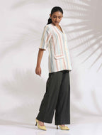 trueBrowns Off-White Cotton Stripe Jacket Top Co-ord Set | Grocsy