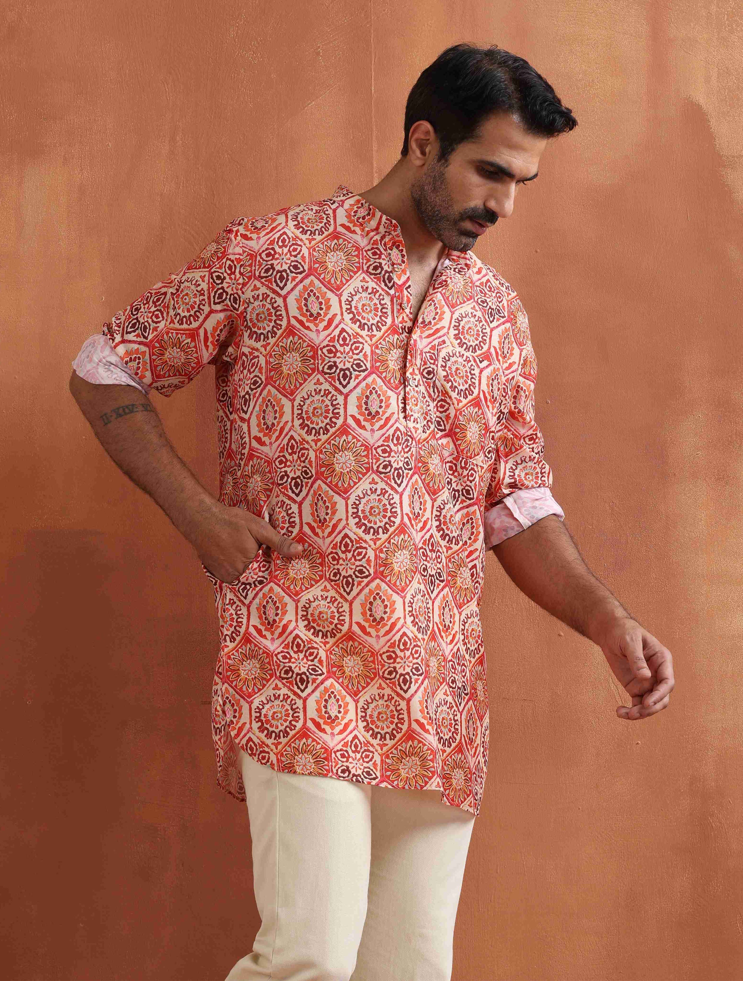 trueBrowns Men's Beige Printed Short Kurta | Grocsy