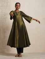 trueBrowns Olive Green Tissue Flared Anarkali Kurta Set | Grocsy