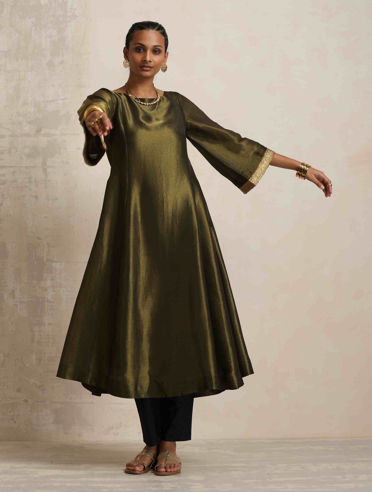 trueBrowns Olive Green Tissue Flared Anarkali Kurta Set | Grocsy