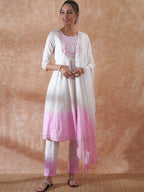 InWeave Women's White Lurex Pink Dye Patch Gota Anarkali Kurta Set W Dupatta | Grocsy