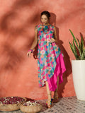 InWeave Blue Floral Fuchsia Asymmetrical Dress | Grocsy