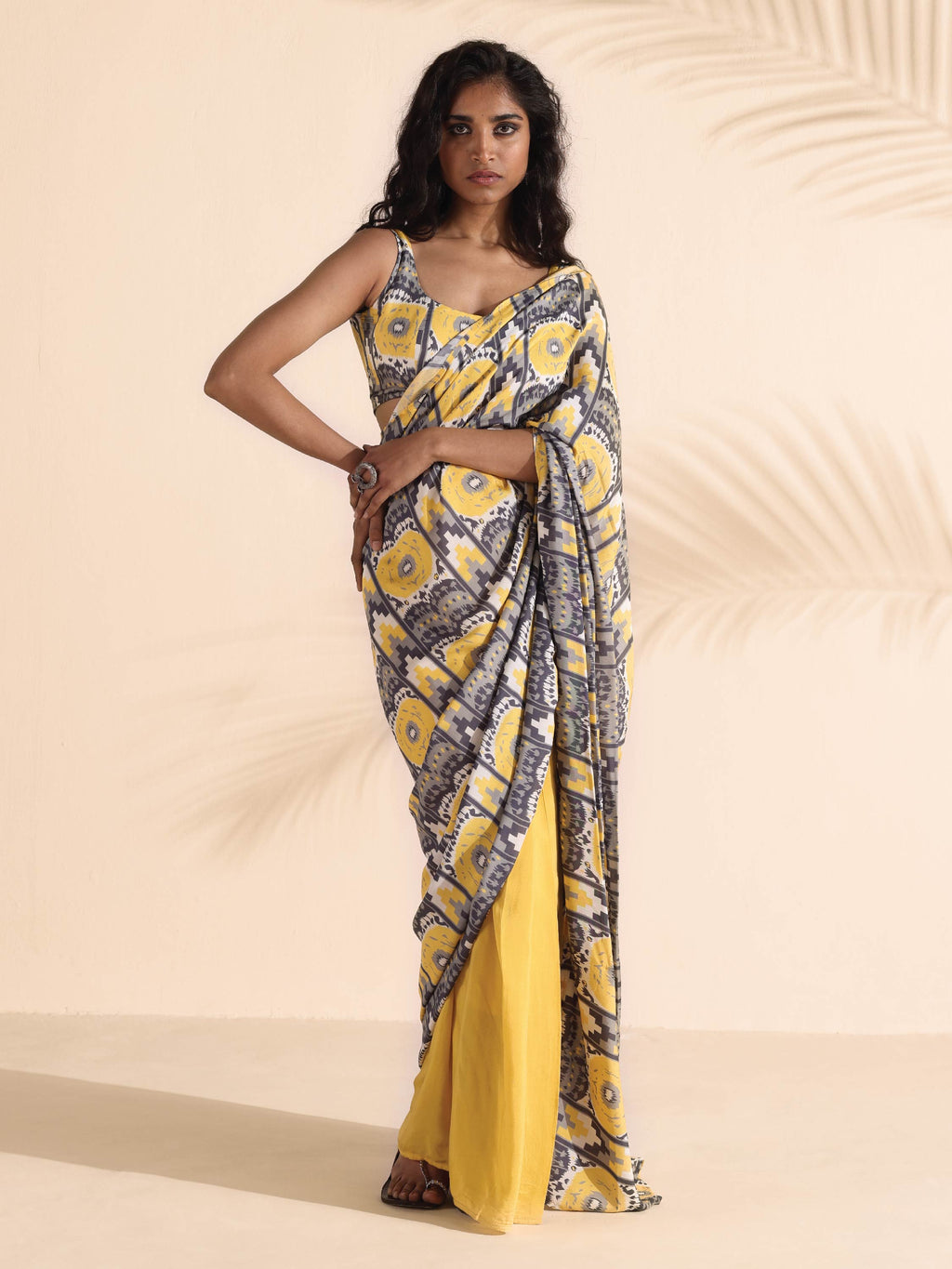 trueBrowns Yellow Muslin Ikat Saree | Grocsy