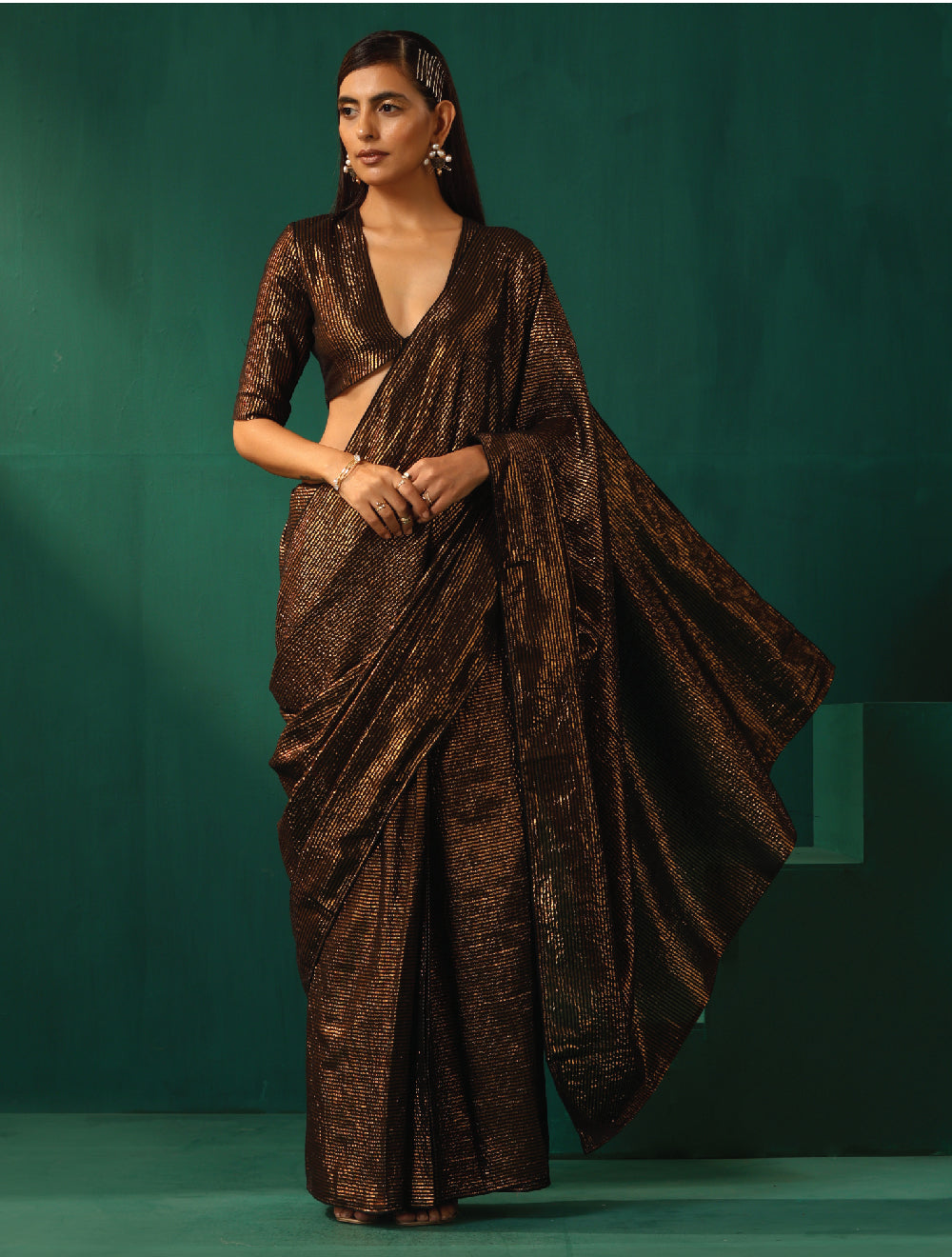 trueBrowns Black Cotton Gold Lurex Striped Ready to Wear Saree | Grocsy