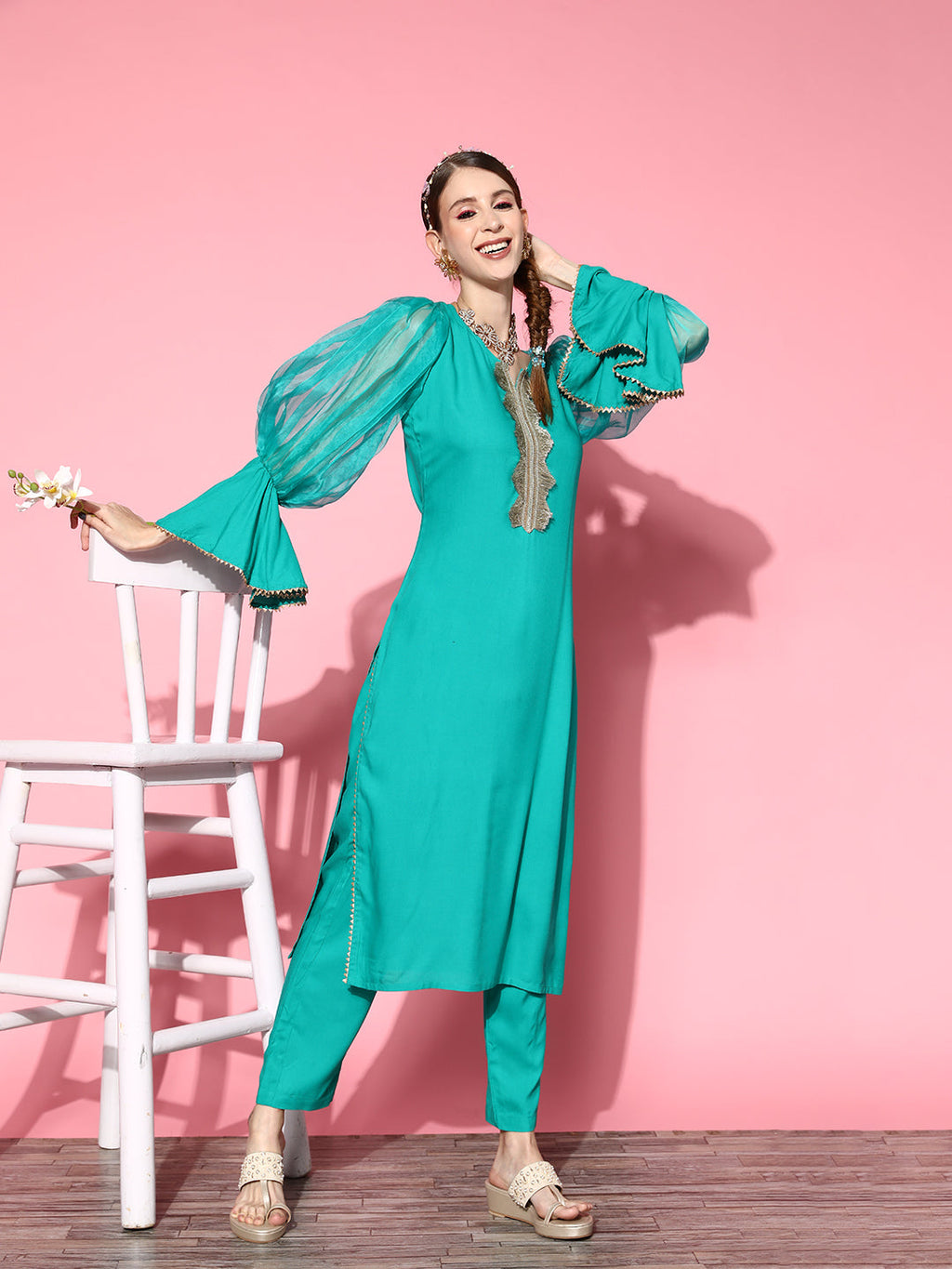 InWeave Women's Aqua Organza Sleeve Gota Work Kurta Set | Grocsy