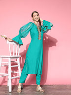 InWeave Women's Aqua Organza Sleeve Gota Work Kurta Set | Grocsy