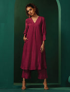 trueBrowns Maroon Silk Puff Sleeve Kurta Pant Set | Grocsy