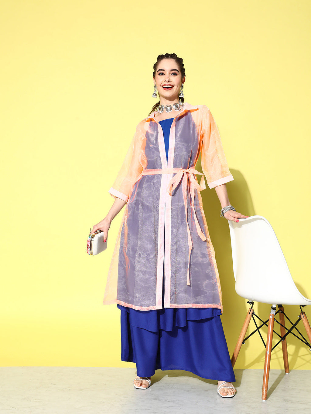 InWeave Women's Ink Blue Strappy Kurta Set With Peach Organza Cape | Grocsy