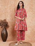 InWeave Women's Red Yellow Floral Print Flared Kurta Pant Set | Grocsy