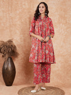 InWeave Women's Red Yellow Floral Print Flared Kurta Pant Set | Grocsy