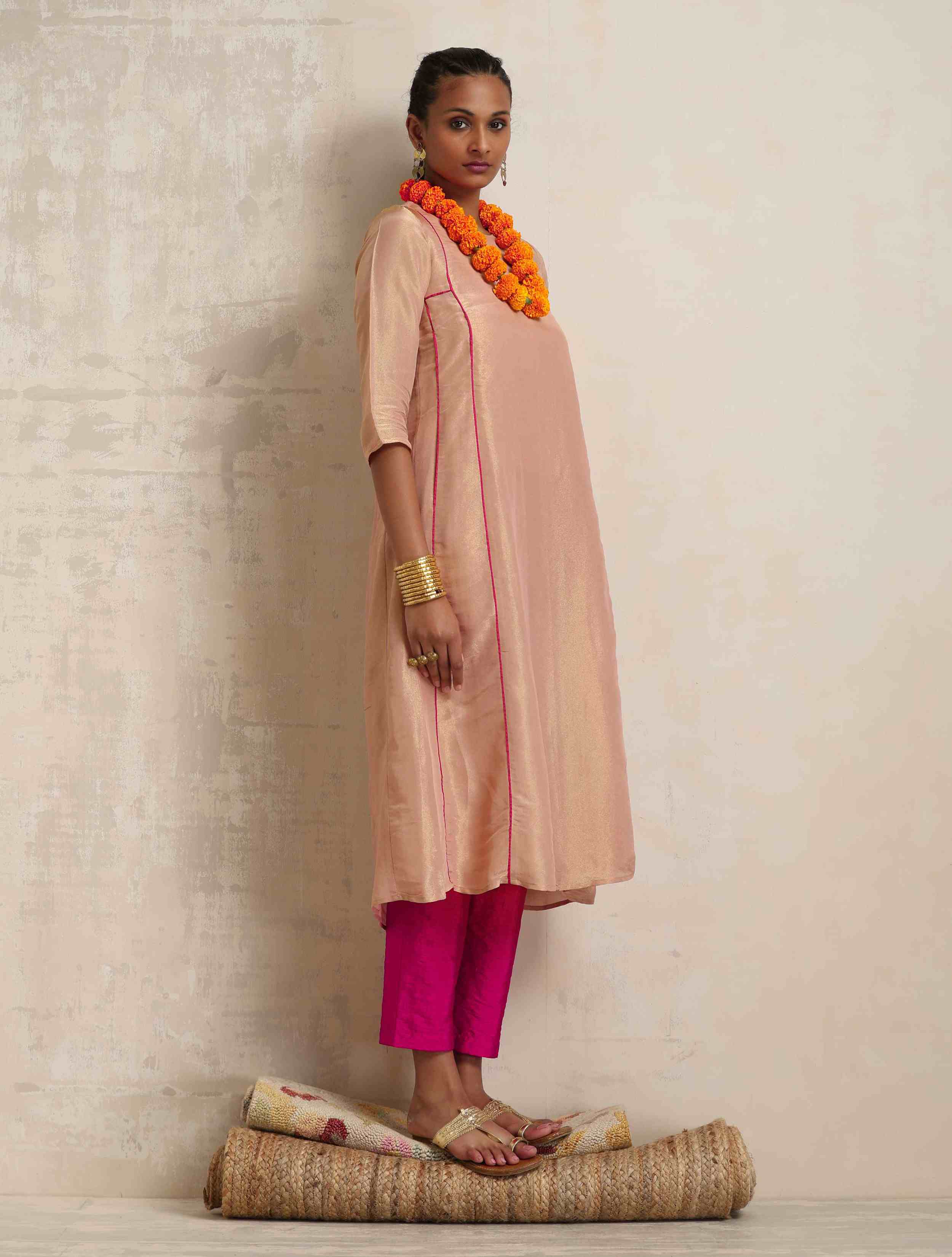 trueBrowns Blush Pink Tissue A-line Kurta Set | Grocsy