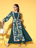 Ahalyaa Green Crepe Puff Sleeves Floral Printed Maxi Ethnic Dress with Waist Tie-Ups | Grocsy