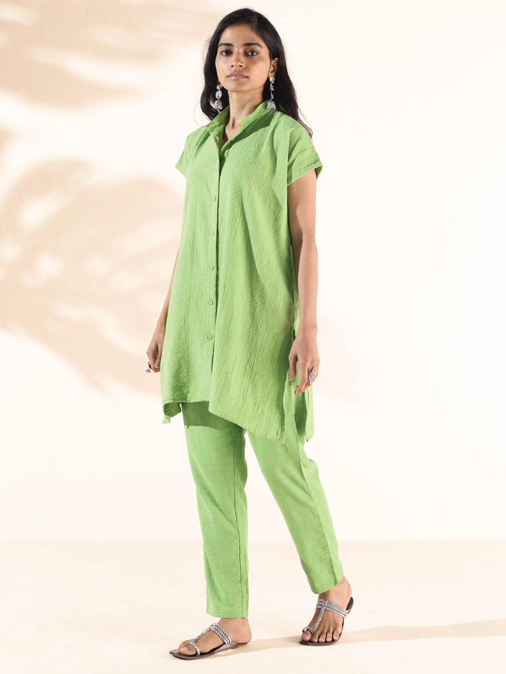 trueBrowns Green Cotton Dobby Shirt Co-ord Set | Grocsy