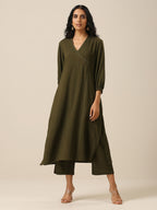trueBrowns Olive Green Slub Texture Kurta Pant Set | Grocsy