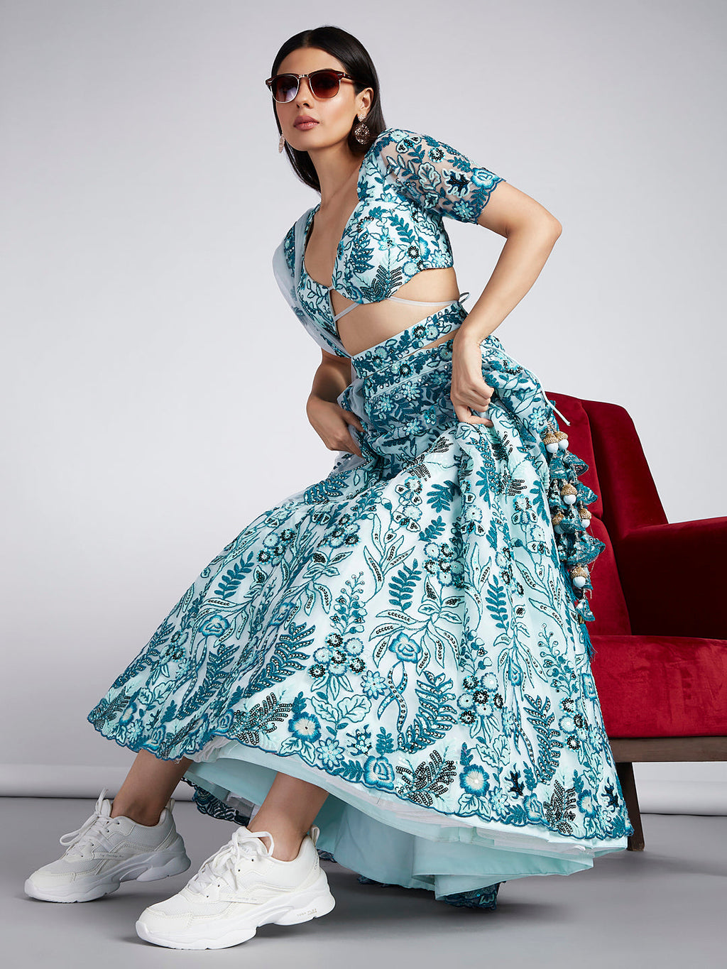 House of Panchhi Turquoise Blue Net Sequins, Mirror And Thread Embroidery Lehenga Choli & Dupatta | Grocsy