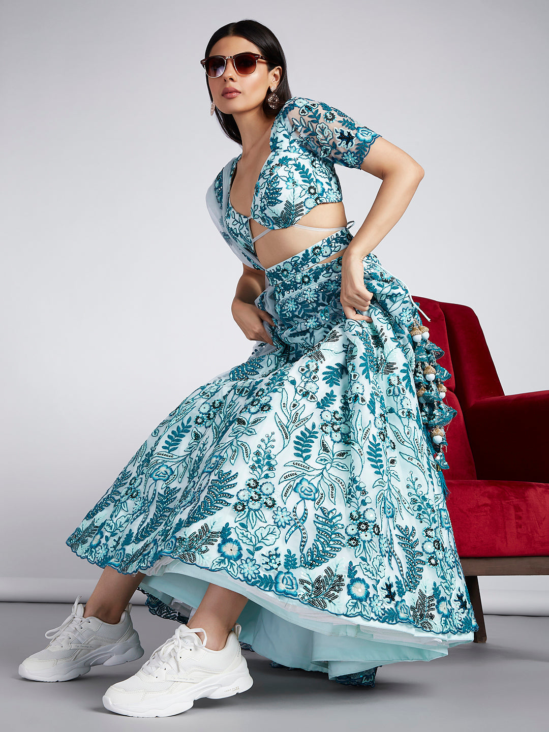 House of Panchhi Turquoise Blue Net Sequins, Mirror And Thread Embroidery Lehenga Choli & Dupatta | Grocsy