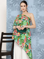 InWeave Women's Mint Green Leaf Japanese Art Oneshoulder Top | Grocsy
