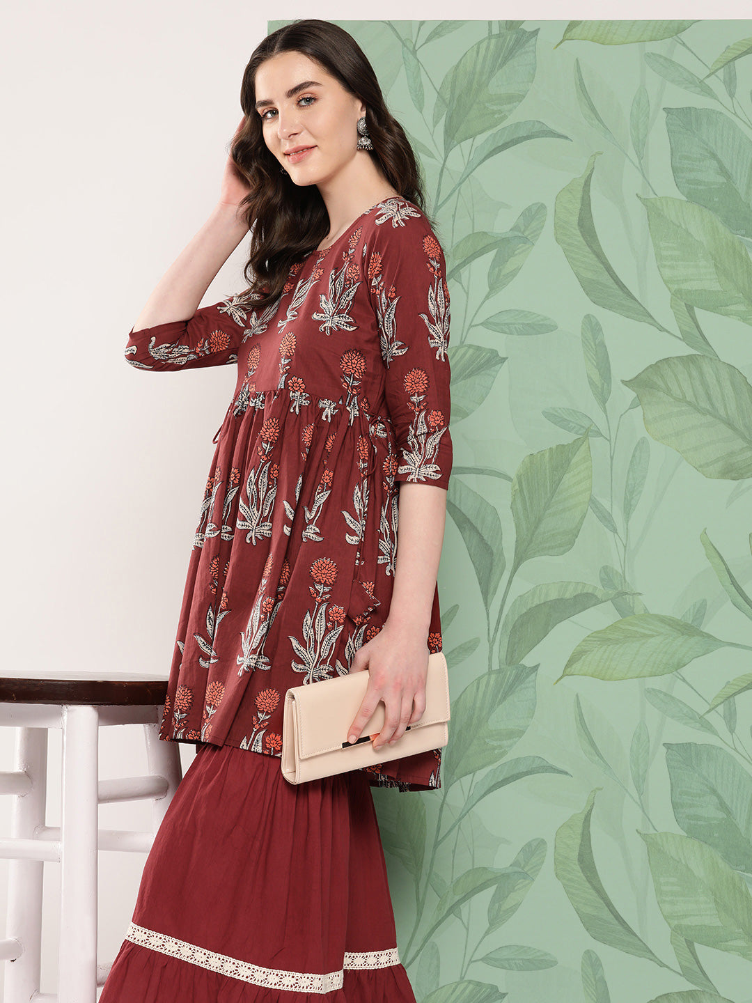 InWeave Women's Brick Rust Boota Sharara Set | Grocsy