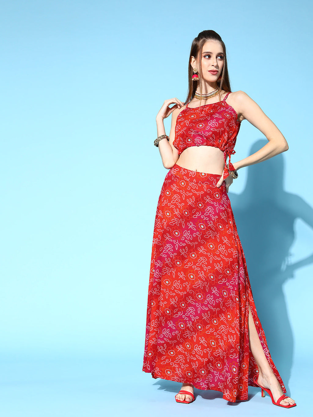 InWeave Women's Red Bandhej Crop Top With Skirt Set | Grocsy