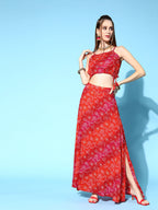 InWeave Women's Red Bandhej Crop Top With Skirt Set | Grocsy