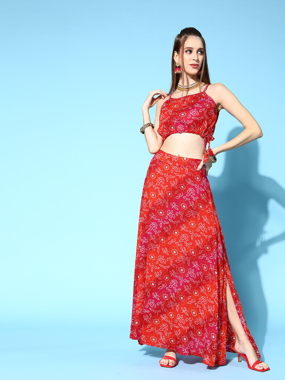 InWeave Women's Red Bandhej Crop Top With Skirt Set | Grocsy