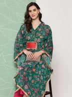 Ahalyaa Women Floral Printed Flared Sleeves Patchwork Georgette Kaftan Kurta | Grocsy