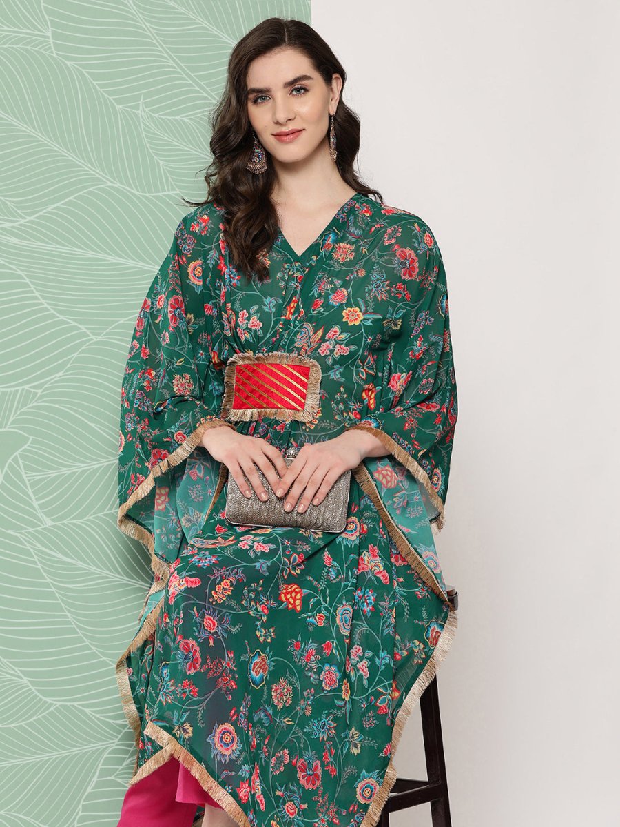 Ahalyaa Women Floral Printed Flared Sleeves Patchwork Georgette Kaftan Kurta | Grocsy