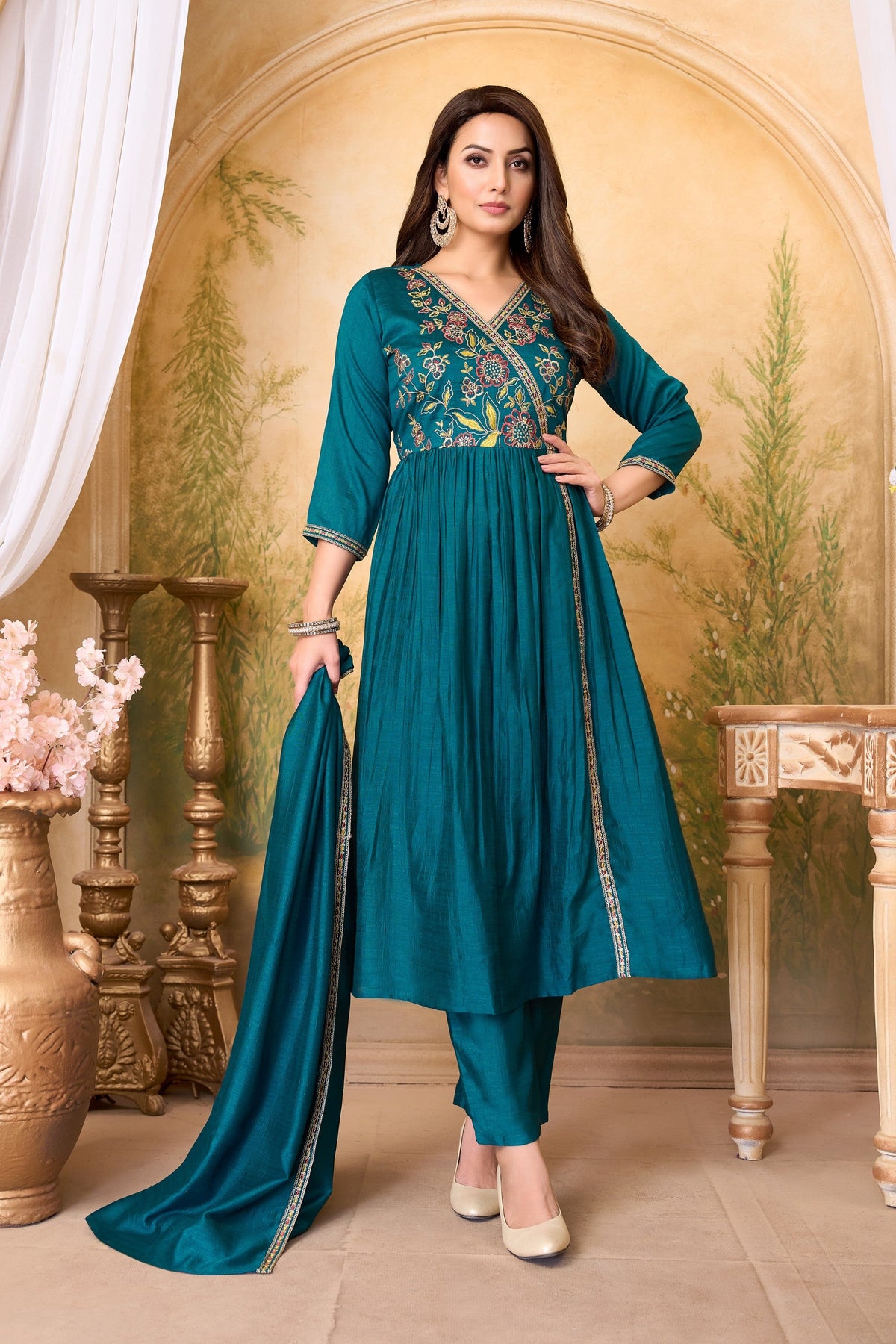 Anaita Teal Anarkali Readymade Suit with Embroidery Work | Grocsy